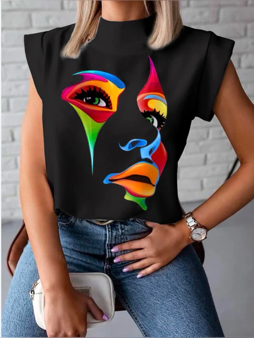 Uoozee Cap Sleeve Multi-Colored Printed High Neck Top in Black, Size S